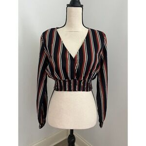 Striped Cropped Blouse Small V-Neck Smocked Long Sleeve Rust Navy Chic Blouse